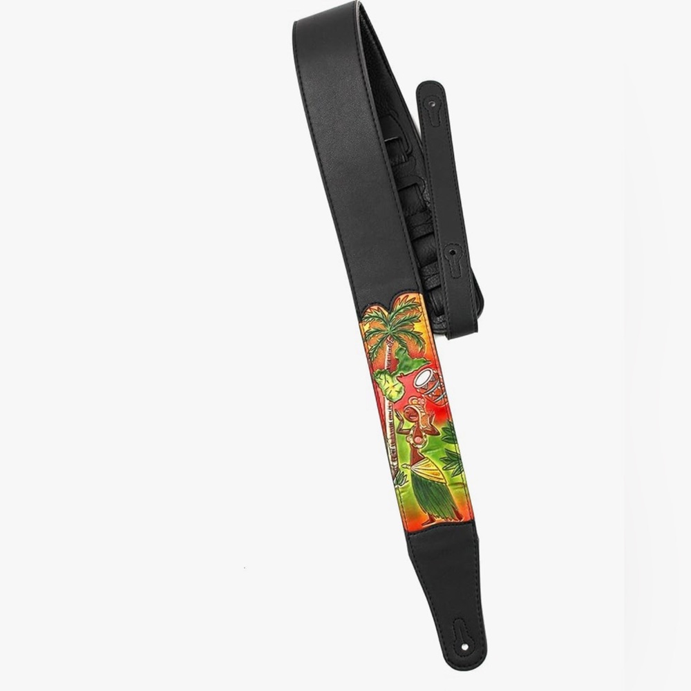 Walker & Williams Hand Carved Black Leather Guitar Strap Hawaiian 🌺 girl